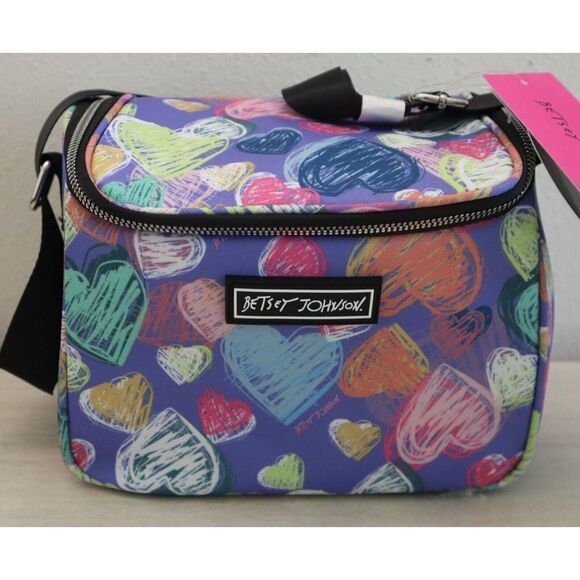 Betsey Johnson TBJ-1300 Women's Purple Multi Hearts Insulated Cube Lunch Tote - Picture 4 of 8